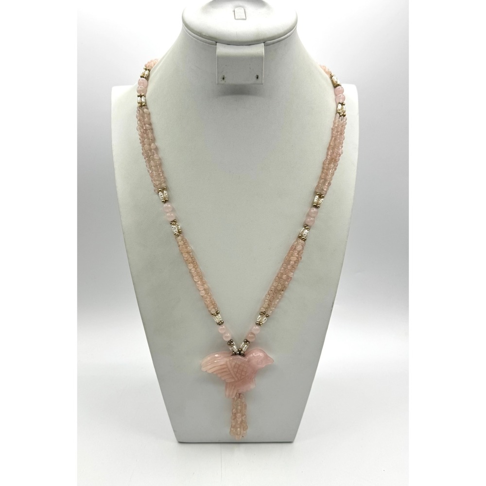 Rose Quartz Carved Bird Pendant Multi Strand Beaded Necklace Pearl Accents